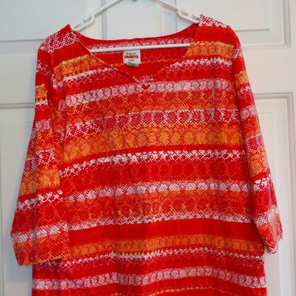 Women's Size 1X 3/4 Sleeve Top Cotton w. Stretch Yellow/Pink Machine Wash/Dry